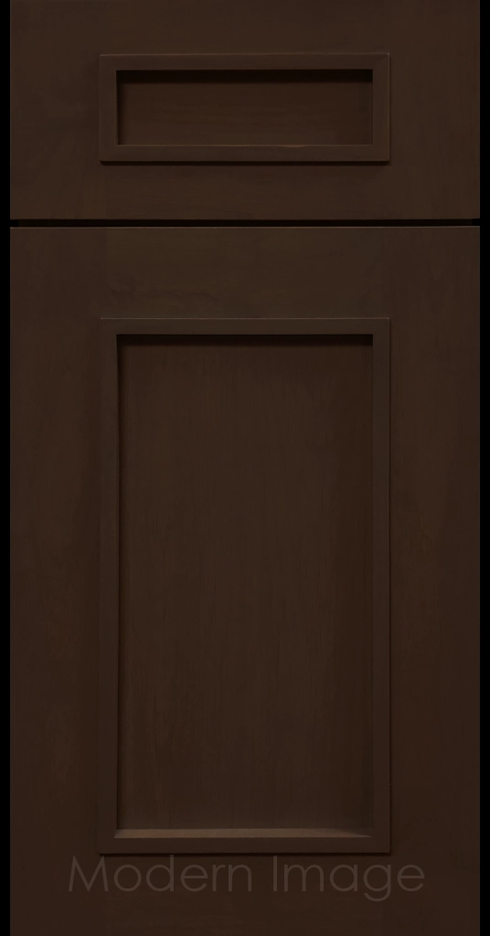 Brownie-stained Gilbert cabinet a recessed flat panel and elevated molding.